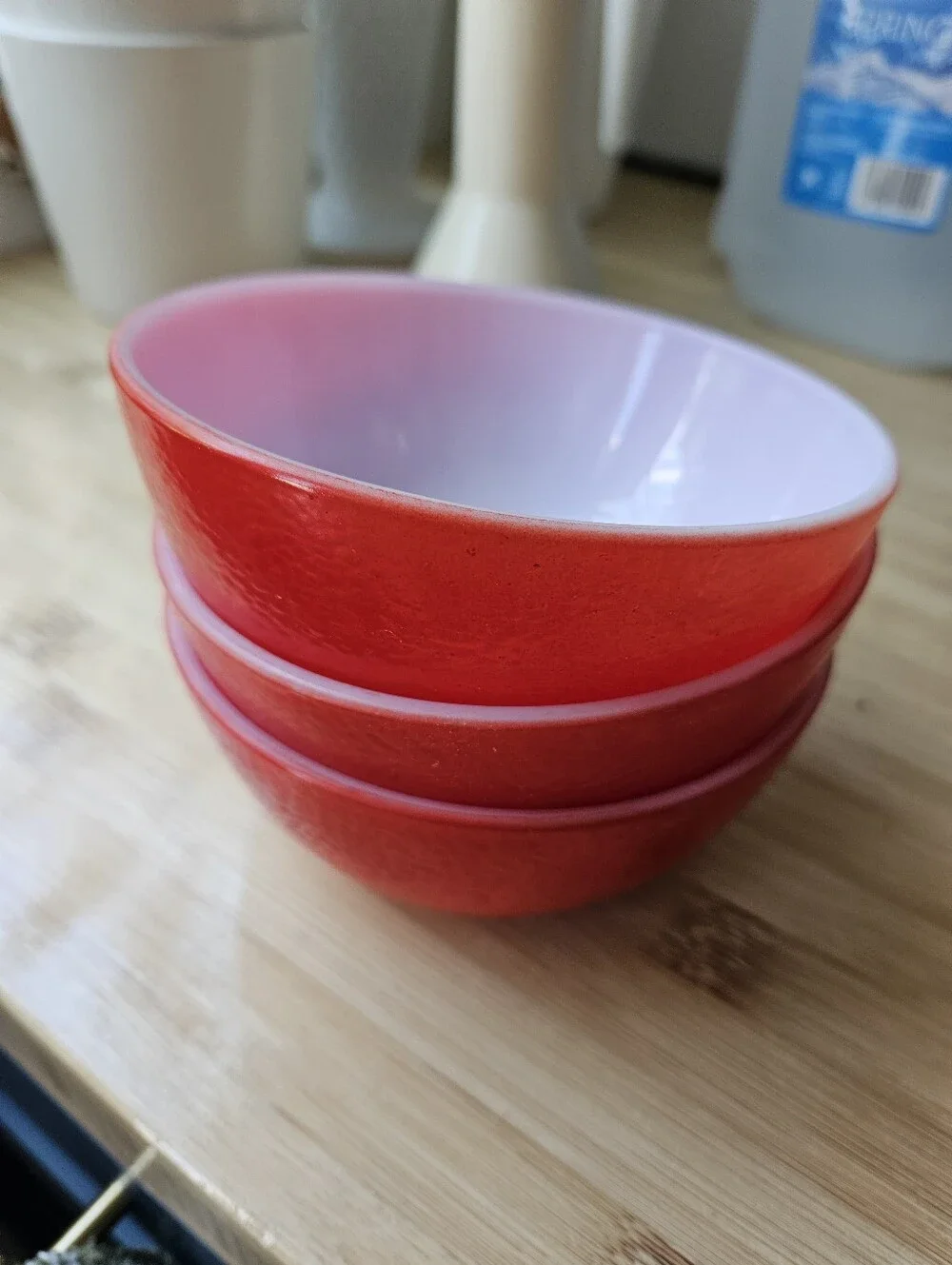 Hazel Atlas MCM Milk Glass Orange Peel Texture Red 4.8 in Cereal Bowl Set of 3